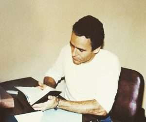 An image of incarcerated serial killer Ted Bundy on death row.